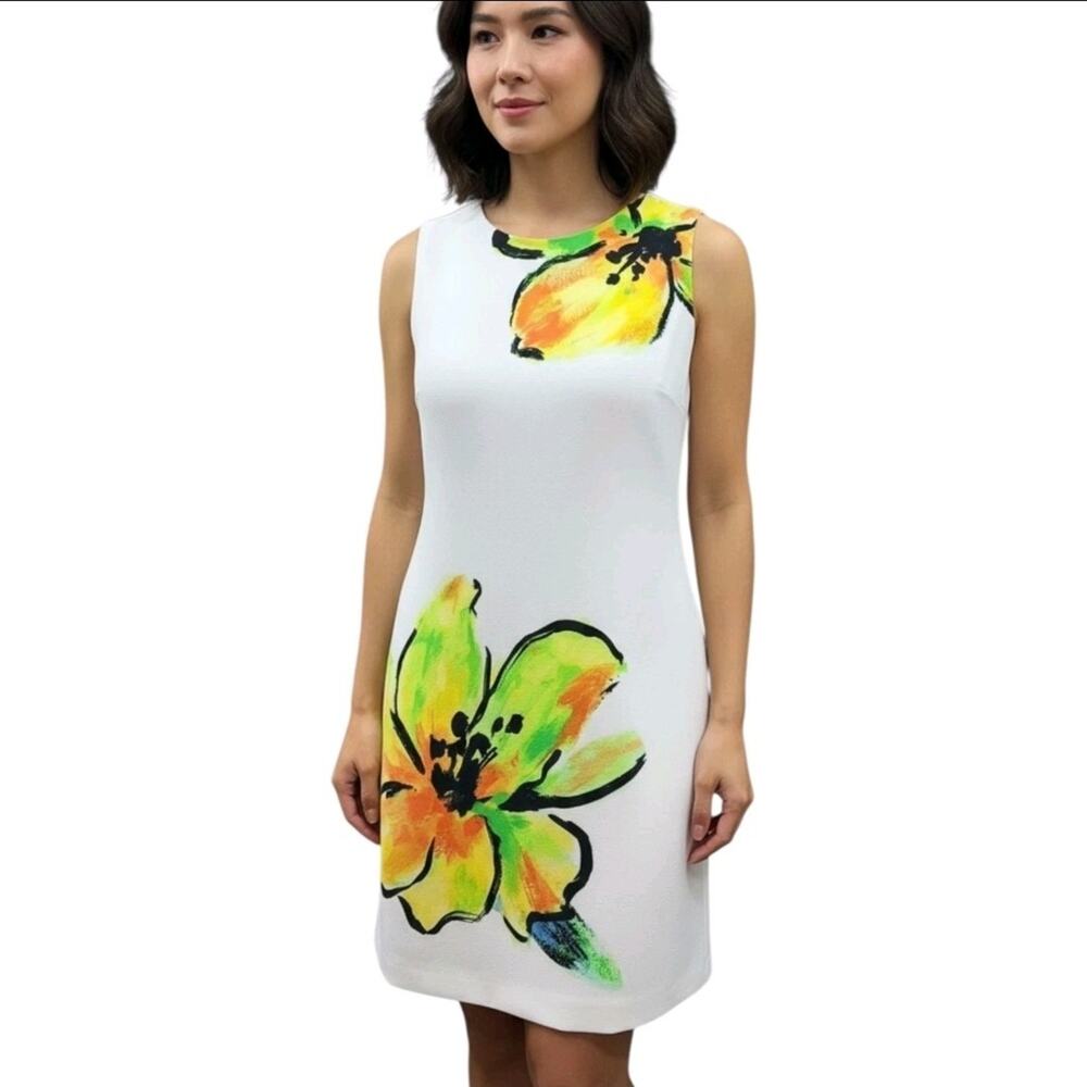Lauren Ralph Lauren Dress 6 White Floral Shift Sleeveless Stretch Career Lined
